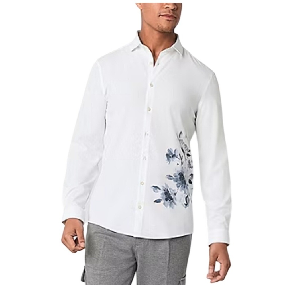J Ferrar Mens XXL White Gray Floral Print Stretch Slim Fit Button Down Shirt NEW